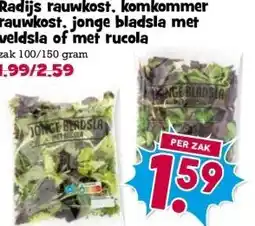 Boon`s Markt Radijs rauwkost, komkommer rauwkost, jonge bladsla met veldsla of met rucola zak 100/150 gram aanbieding