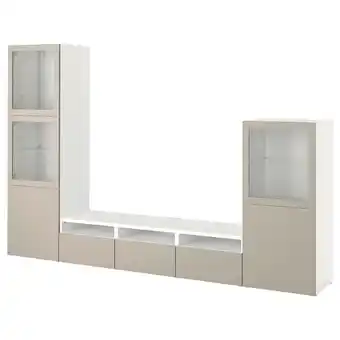 IKEA BestÅ Tv-opbergcombinatie/vitrinedeuren, wit sindvik/lappviken lichtgrijs/beige, 300x42x193 cm aanbieding