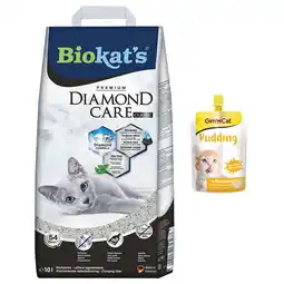 Zooplus 150 g GimCat Pudding gratis! Biokat's Diamond Care kattenbakvulling - 10 l Classic aanbieding