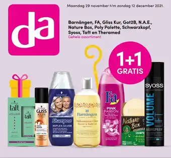 DA Barnangen, FA, Gliss Kur, Got2B, N.A.E, Nature Box, Poly Palette, Schwarzkopf, Syoss, Taft en Theramed aanbieding