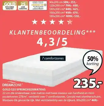 Jysk DreamZone Gold S25 springveermatras 80*200cm aanbieding