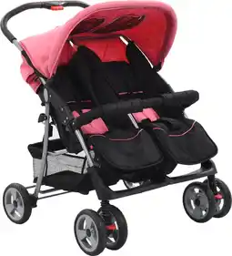 Bol.com vidaXL-Tweelingkinderwagen-staal-roze-en-zwart aanbieding