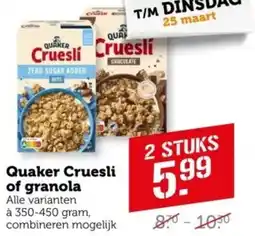 Coop Quaker Cruesli of granola aanbieding