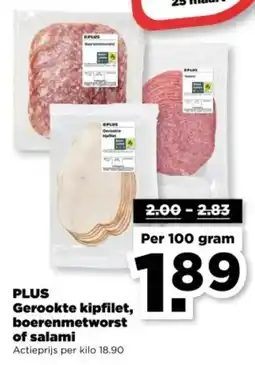 PLUS PLUS Gerookte kipfilet, boerenmetworst of salami aanbieding