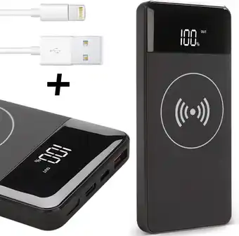 Bol.com Powerbank Draadloos Oplader 10000 mAh + Lightning Kabel geschikt voor Apple iPhone / iPad - TechNow aanbieding