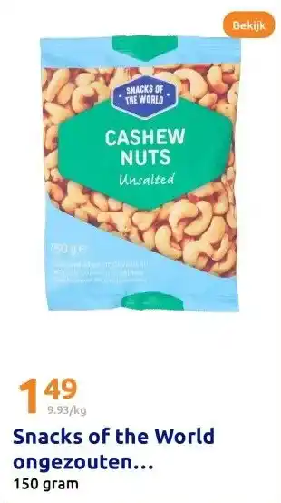 Action Snacks of the World ongezouten cashewnoten aanbieding