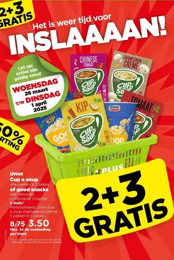 PLUS Unox Cup a soup Alle pakken à 3 zakjes of good snacks Alle varianten, aanbieding