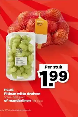 PLUS PLUS Pitloze witte druiven Schaal 500 gram of mandarijnen Net 1 kilo aanbieding