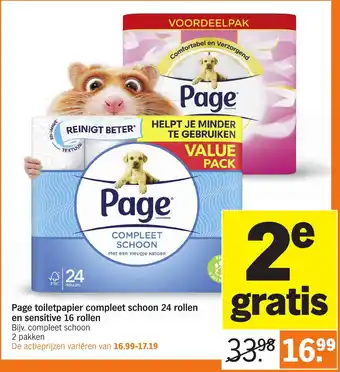 Albert Heijn Page toiletpapier compleet schoon 24 rollen en sensitive 16 rollen aanbieding