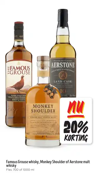 Jumbo Famous Grouse whisky, Monkey Shoulder of Aerstone malt whisky aanbieding