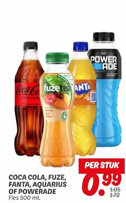 Dekamarkt Coca cola, fuze, fanta, aquarius of powerade fles 500 ml. aanbieding