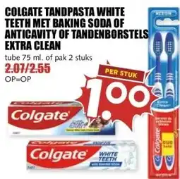 MCD Supermarkt COLGATE TANDPASTA WHITE TEETH MET BAKING SODA OF ANTICAVITY OF TANDENBORSTELS EXTRA CLEAN aanbieding