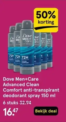 Etos Dove Men+Care Advanced Clean Comfort anti-transpirant deodorant spray 150 ml aanbieding