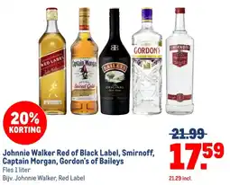 Makro Johnnie Walker Red of Black Label, Smirnoff, Captain Morgan, Gordon's of Baileys aanbieding