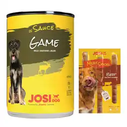 Zooplus 12 x 415 g JosiDog natvoer in saus + 2 x 33 g Meat Sticks met Rund gratis! - Wild aanbieding