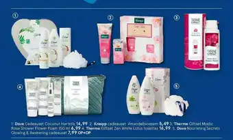 Etos Dove Cadeauset Coconut Hartblik, Kneipp Cadeauset Amandelbloesem, Therme Giftset Mystic Rose Shower Flower Foam, Therme Gifts aanbieding