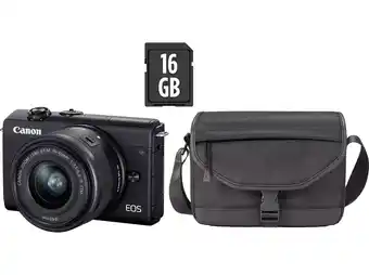 MediaMarkt CANON EOS M200 kit + 15-45mm Zwart +SB130 cameratas + 16GB geheugenkaart aanbieding