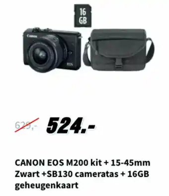 MediaMarkt Canon EOS M200 kit+ 15-45mm zwart +SB130 camertas + 16GB geheugenkaart aanbieding