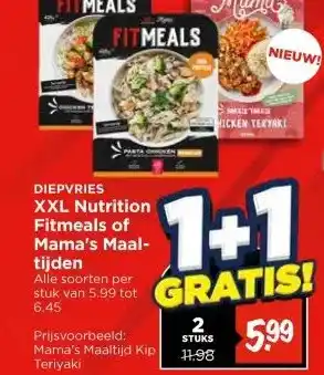 Vomar Voordeelmarkt DIEPVRIES XXL Nutrition Fitmeals of Mama's Maaltijden aanbieding