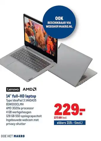 Makro Lenove 14" full-HD laptop IdealPad 3 14ADA05 aanbieding