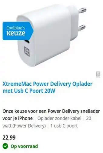 Coolblue XtremeMac Power Delivery Oplader met Usb C Poort 20W aanbieding
