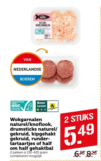 Coop Wokgarnalen naturel/knoflook, drumsticks naturel/ gekruid, kipgehakt gekruid, runder- tartaartjes of half om half gehaktbal aanbieding