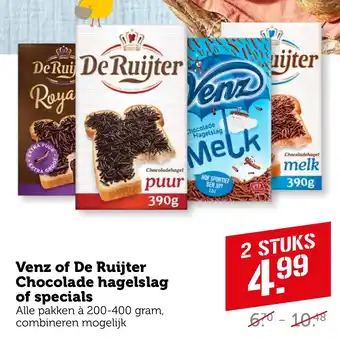 Coop Venz of De Ruijter Chocolade hagelslag of specials aanbieding
