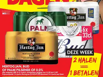 Dekamarkt Hertog Jan, Palm of Bud pilsener of 0.0% 2*6*330ml aanbieding