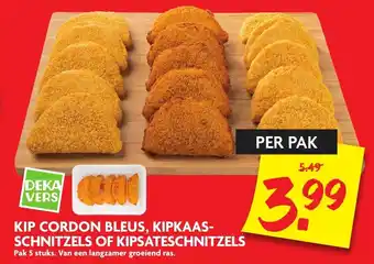 Dekamarkt DEKAVERS Kip kaasschnitzels, kip cordon bleus of kipsateschnitzels aanbieding