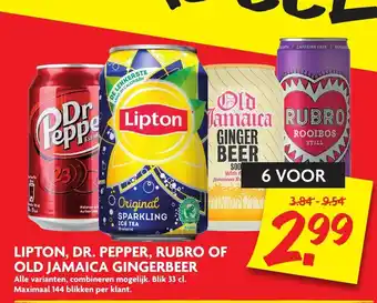 Dekamarkt Lipton, Dr. Pepper, Rumbo of Old Jamaica gingerbier 6*330ml aanbieding