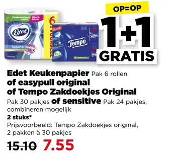 PLUS Edet Keukenpapier of easypull original of Tempo Zakdoekjes Original of sensitive aanbieding