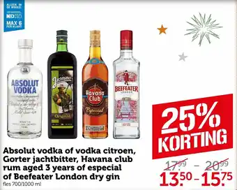 Coop Absolut vodka of vodka citroen, Gorter jachtbitter, Havana club rum aged 3 years of especial of Beefeater London dry gin 700m aanbieding