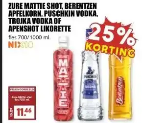 MCD Supermarkt ZURE MATTIE SHOT, BERENTZEN APFELKORN, PUSCHKIN VODKA, TROJKA VODKA OF APENSHOT LIKORETTE aanbieding