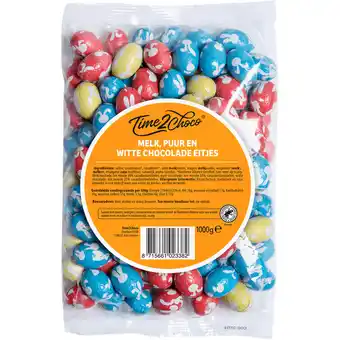 Jumbo Time2Choco Melk, Puur en Witte Chocolade Paaseitjes 1000 g aanbieding