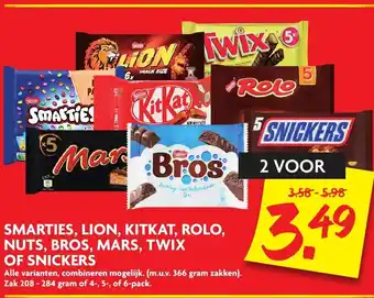 Dekamarkt KitKat, Bros, Lion, Smarties, Rolo, Nuts, Mars, Twix of Snickers 2st aanbieding