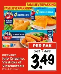 Vomar Voordeelmarkt DIEPVRIES Iglo Crispino, Vissticks of Visschnitzels aanbieding