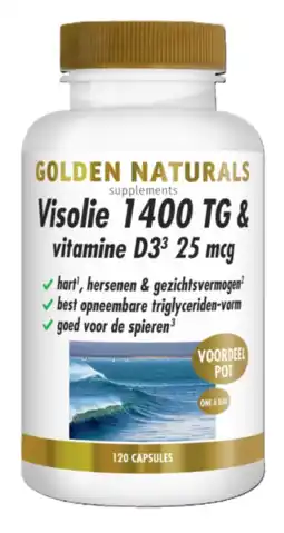 De Online Drogist Golden Naturals Visolie 1400 TG & Vitamine D3 25mcg Capsules 120CP aanbieding