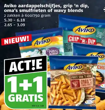 Poiesz Aviko aardappelschijfjes, grip 'n dip, oma's smulfrieten of wavy blends aanbieding