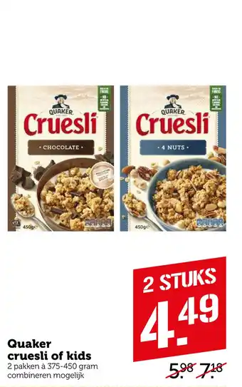 Coop Quaker cruesli of kids 375-450 gram aanbieding