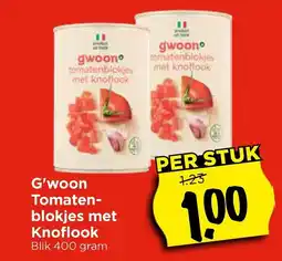 Vomar Voordeelmarkt G'woon Tomaten blokjes met Knoflook aanbieding