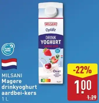 ALDI Milsani magere drinkyoghurt aardbei kers aanbieding