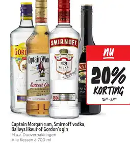 Jumbo Captain Morgan rum, Smirnoff vodka, Baileys likeur of Gordon's gin aanbieding