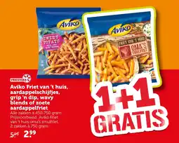 Coop Aviko Friet van 't huis, aardappelschijfjes, grip 'n dip, wavy blends of zoete aardappelfriet aanbieding