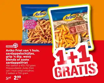 Coop Aviko Friet van 't huis, aardappelschijfjes, grip 'n dip, wavy blends of zoete aardappelfriet aanbieding