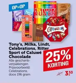 Coop Tony's, Milka, Lindt, Celebrations, Ritter Sport of Caluwé Chocolade aanbieding