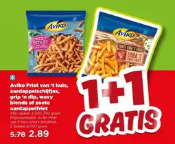 PLUS Aviko Friet van 't huis, aardappelschijfjes, grip 'n dip, wavy blends of zoete aardappelfriet aanbieding