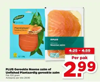 PLUS PLUS Gerookte Noorse zalm of Unfished Plantaardig gerookte zalm aanbieding