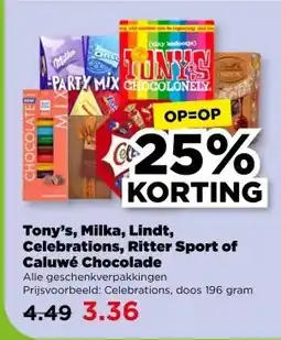 PLUS Tony's, Milka, Lindt, Celebrations, Ritter Sport of Caluwé Chocolade aanbieding