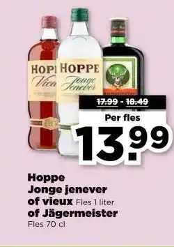 PLUS Hoppe Jonge jenever of vieux Fles 1 liter of Jägermeister aanbieding
