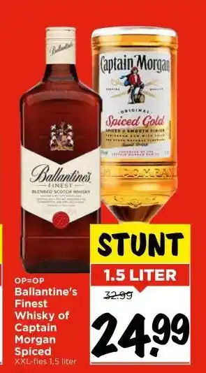 Vomar Voordeelmarkt Ballantine's Finest Whisky of Captain Morgan Spiced XXL-fles 1,5 liter aanbieding